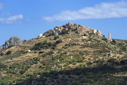 France, Haute-Corse (2B), Balagne, village perché de Sant'Antonino, labellisé Les Plus Beaux Villages de France, vue générale du village avec l'église de l'Annonciation