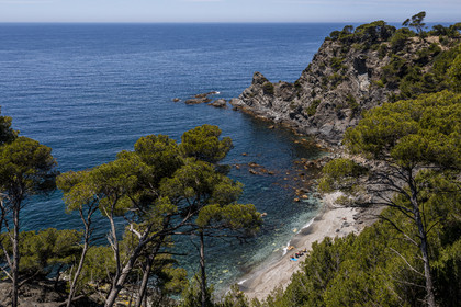 France, Var (83), Six-Fours-les-Plages, randonnée dans le massif du Cap Sicié, plage du Mont Salva vers Le Brusc (vue aérienne)