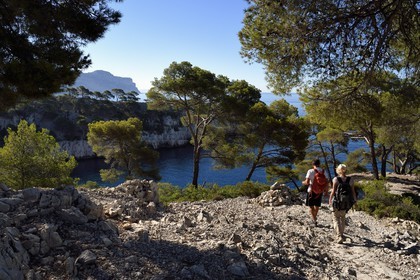 France, Bouches-du-Rhône (13), Cassis, Parc national des Calanques, Calanque de Port-Miou et les falaises du Cap Canaille en arrière plan lointain, randonneurs (demande d'autorisation nécessaire avant publication)