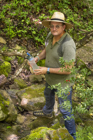France, Vaucluse (84), Dentelles de Montmirail, Sablet, la rivière le Trignon surplombé par l'ancien pont de l'abbaye en ruine de moniales du VIIe siècle dans le vallon de Prébayon