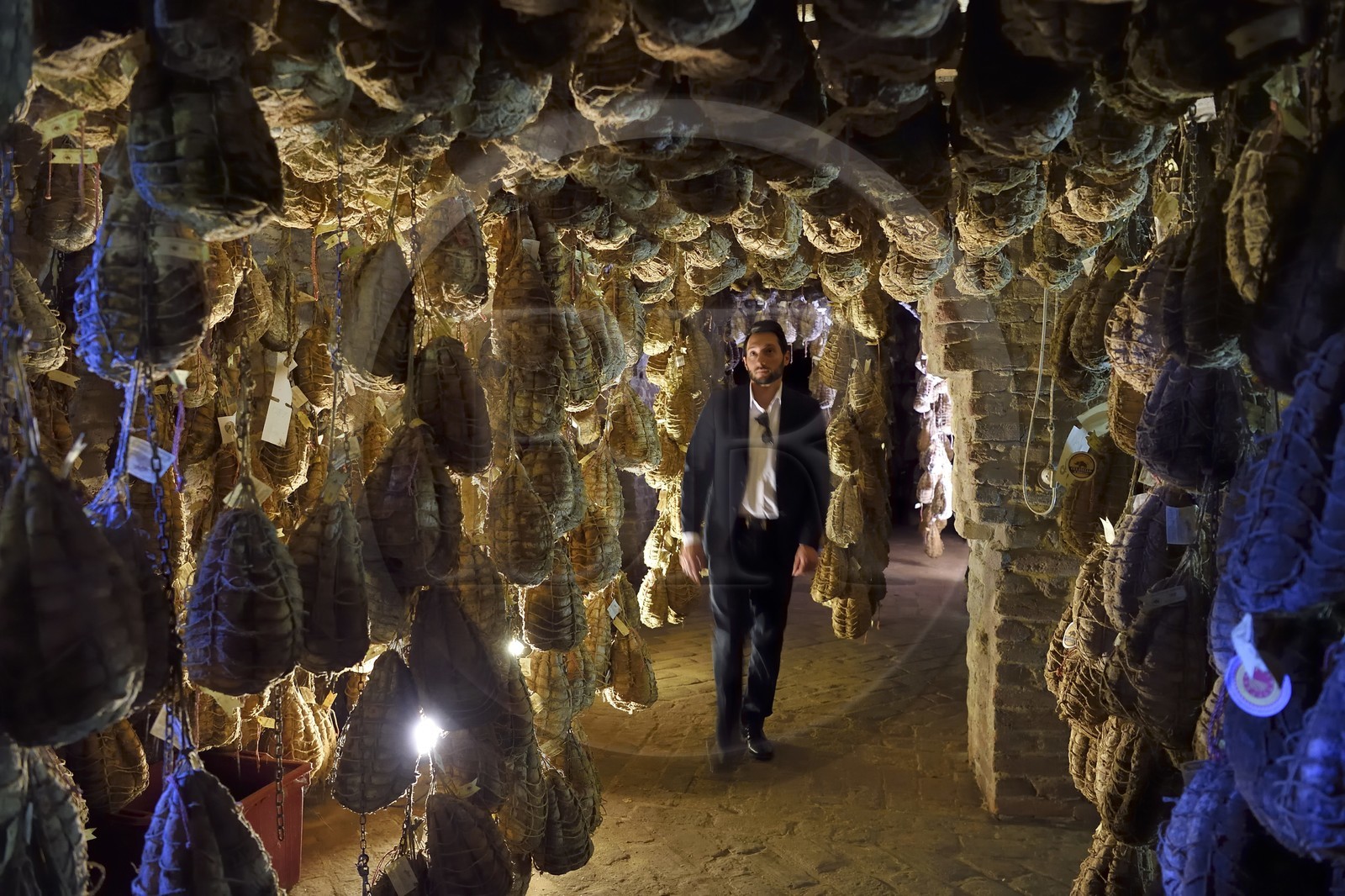 Italie, Emilie-Romagne, Polesine Zibello aux environs de Parme, Antica Corte Pallavicina, cave d'affinage de culatello, traditionnel jambon de Parme