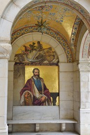 Italie, Vintimille, Cap Mortola près de Menton en France, le jardin botanique Hanbury (Giardini botanici Hanbury), mosaique représentant Marco Polo