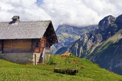 Suisse, Canton de Vaud, Ormont-Dessus, Les Diablerets, ferme vers le lac Retaud au dessus du Col du Pillon et la montagne de Schluchhorn en arrière plan
