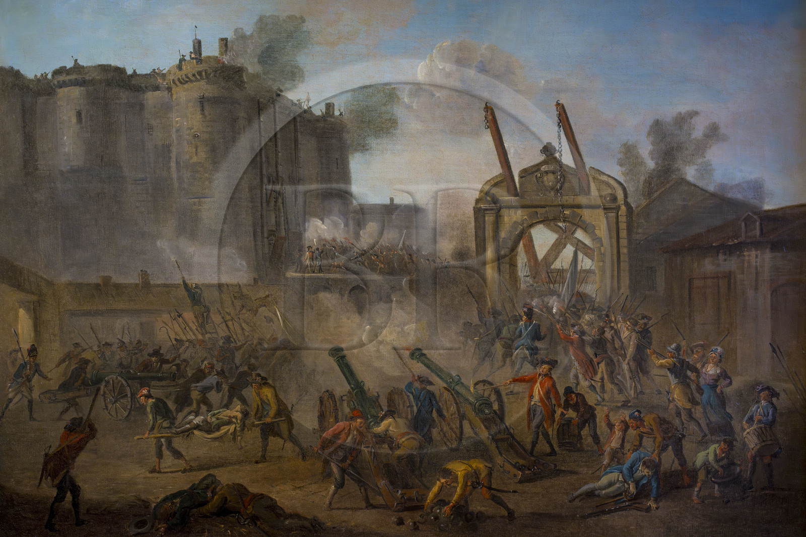 France, Paris (75), quartier du Marais, Musée Carnavalet, tableau (détail) de la Prise de la Bastille le 14 juillet 1789 peint par Jean-Baptiste Lallemand vers 1789