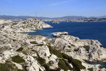 France, Bouches-du-Rhône (13), Marseille, Parc National des Calanques, Archipel des Iles du Frioul, Ile de Pomègues et la skyline de Marseille en arrière plan