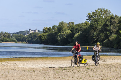 France, Maine-et-Loire (49), vallée de la Loire classée au Patrimoine Mondial par l'UNESCO, Saumur vers Saint-Hilaire, bancs de sable formant des îles sur la Loire et le chateau de Saumur en arrière plan, randonnée à bicyclette sur les berges de la Loire, vélo avec une remorque transportant le matériel de camping