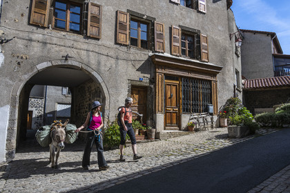 France, Haute-Loire (43), Le Monastier-sur-Gazeille, randonnée avec un âne sur le chemin de Stevenson (GR 70) dans les ruelles du bourg
