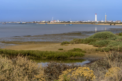 Portugal, Algarve, Parc naturel de la Ria Formosa, Faro, Ile de Barreta ou Deserta (Ilha da Barretta ou Deserta), le phare de Ilha do Farol sur Ilha da Culatra en arrière plan