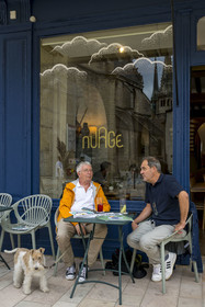 France, Côte-d'Or (21), Dijon, zone classée Patrimoine Mondial de l'UNESCO, terrasse du Bar Nuage place Bossuet, le journaliste Gérard Bouchu rédacteur en chef du magazine Pompon et Bingbang, deux regards décalés sur la vie culturelle et gastronomique de Dijon et sa région, avec son editeur Richard Patouillet