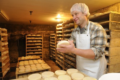 France, Haut-Rhin (68), la route des Crêtes, ferme auberge marcaire du Grand Hêtre, Jean-Mathieu Spenlé dans la cave pour surveiller la période de maturation et d’affinage du fromage munster
