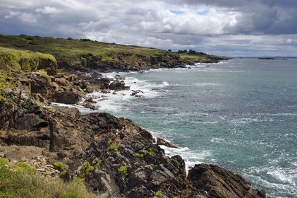 France, Finistère (29), Moelan-sur-Mer, le littoral entre Kerfany les Pins et la plage de Trenez sur le chemin de Grande Randonnée GR 34 ou sentier des douaniers, pecheur à la ligne