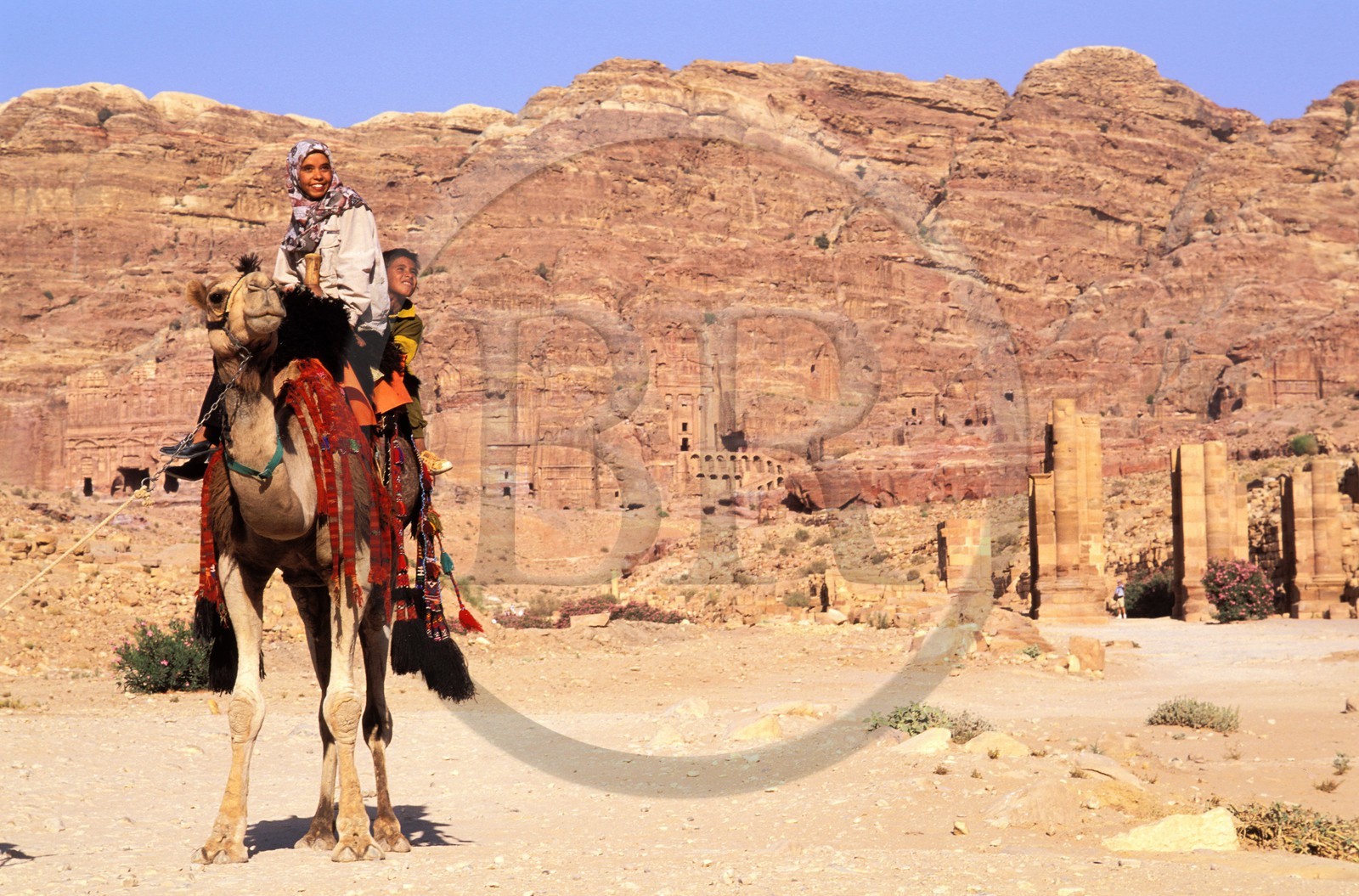 Jordanie, Petra, frère et súur bédouins sur un dromadaire