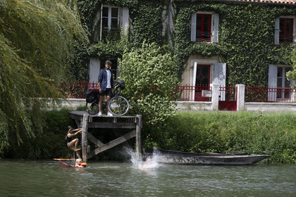 France, Deux-Sèvres (79), le Marais Poitevin, la Venise Verte, Le Mazeau, randonnée à bicyclette le long de la Sèvre Niortaise sur la voie cyclable de la Vélo Francette