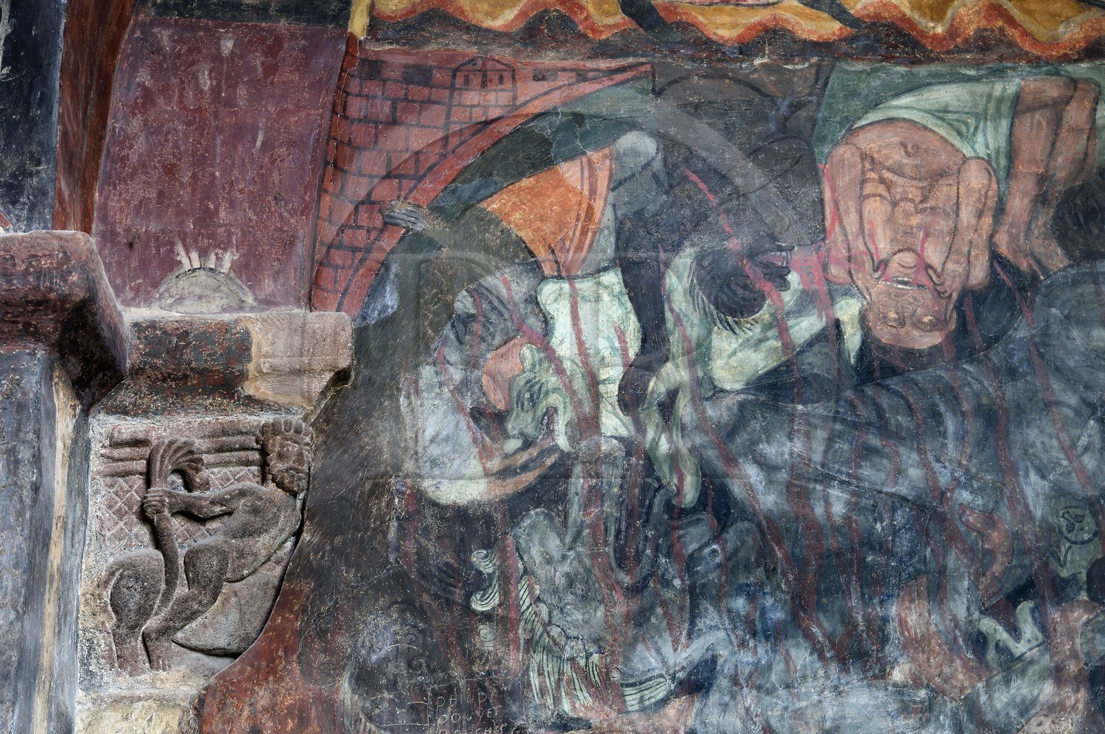 France, Haute-Loire (43), Brioude, la Basilique Saint-Julien de Brioude de style roman auvergnat, fresques du XIIIe siècle de la chapelle Saint Michel, représentation de l'enfer