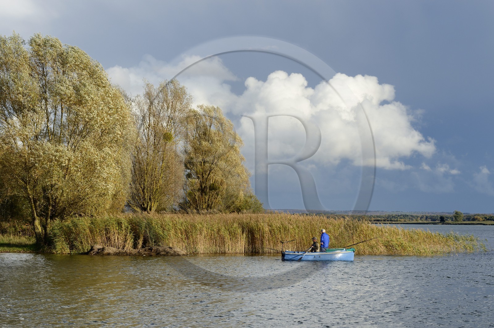 France, Meuse (55), Parc régional de Lorraine, Cotes de Meuse, Heudicourt-sous-les-Côtes, pêcheurs sur le lac de la Madine