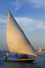Tanzanie, archipel de Zanzibar, île de Unguja (Zanzibar), côte ouest, un dhow (boutre traditionnel) devant la plage de Stone Town