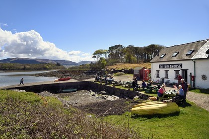 Royaume-Uni, Ecosse, Highland, Hébrides intérieures, Ile d'Ulva proche de la cote ouest de l'Ile de Mull, the Boathouse, seul café restaurant de l'ile