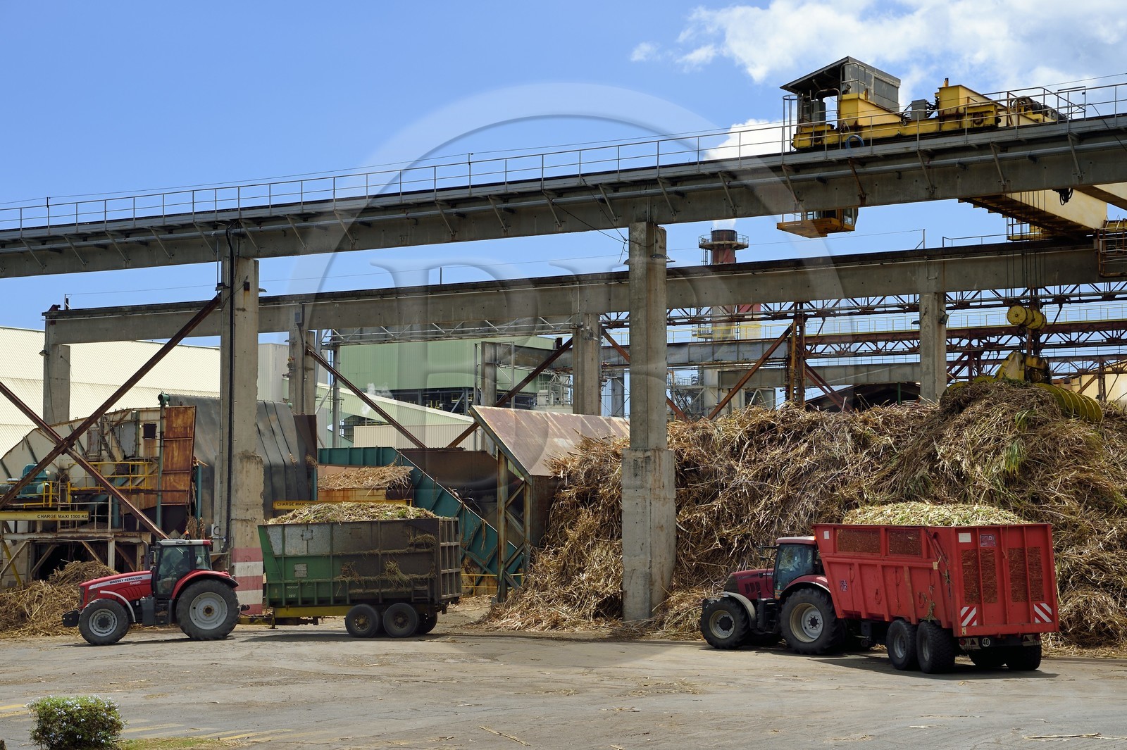 France, Ile de la Reunion, Saint-Louis, l'usine sucrière du Gol, arrivée des chargements de canne à sucre dans les cachalots (camions ou remorques)