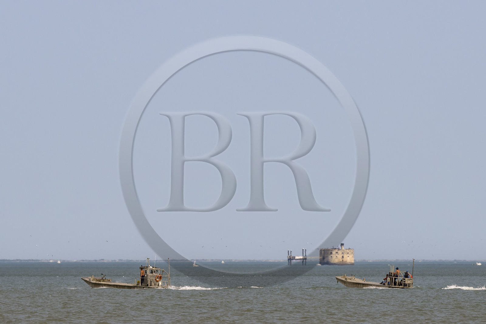 France, Charente-Maritime (17), Ile d'Oléron, Dolus-d’Oléron, bateau ostreicole à fond plat dans le Pertuis d'Antioche et le Fort Boyard en arrière plan