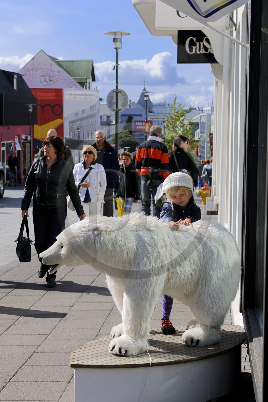 Islande, Reykjavik, peluche d'ours blanc dans la rue commerçante principale Laugavegur