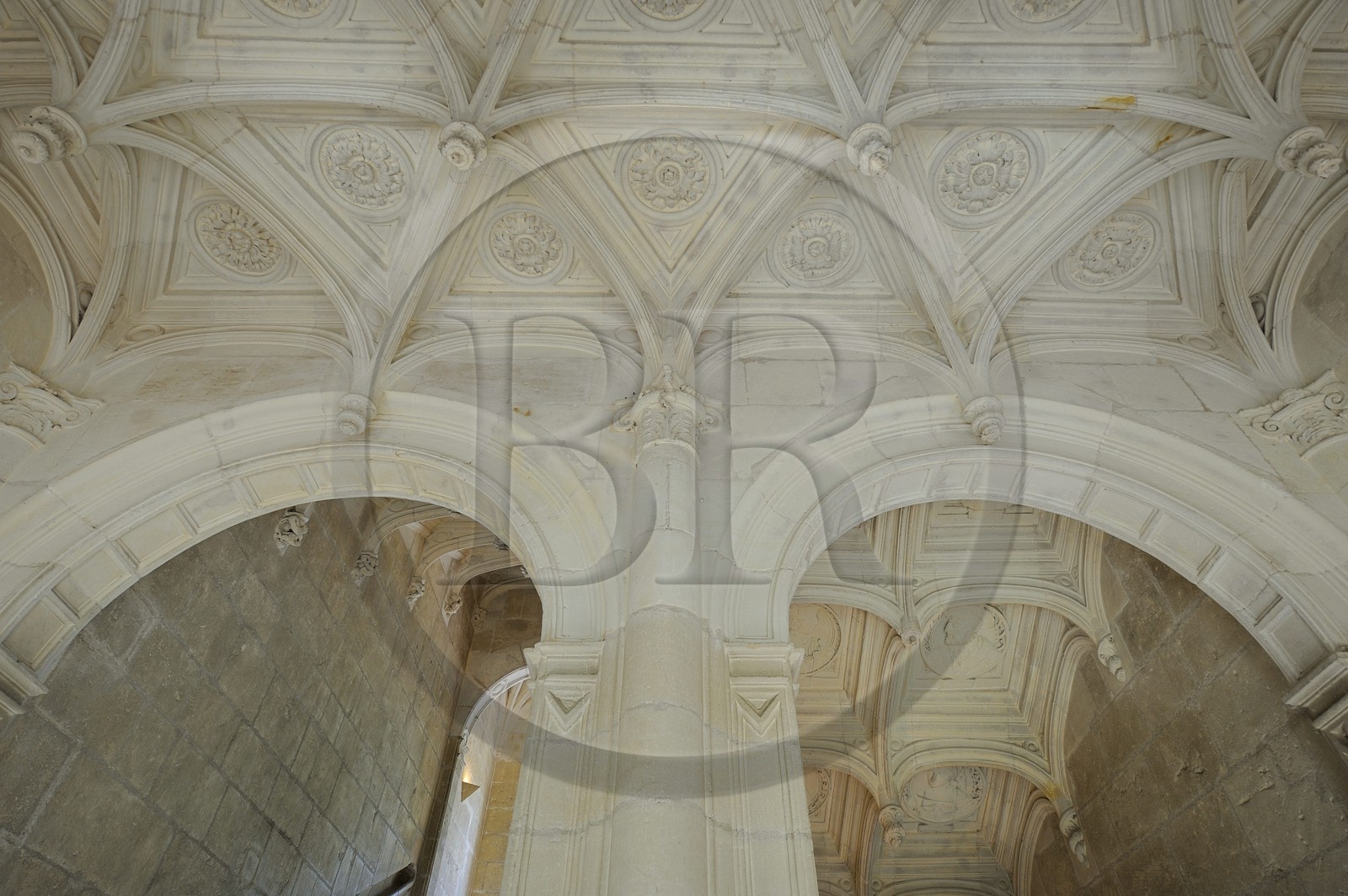 France, Indre-et-Loire (37), Vallée de la Loire classée Patrimoine Mondial de l' UNESCO, château d' Azay-le-Rideau, détail du plafond de l'escalier d'honneur