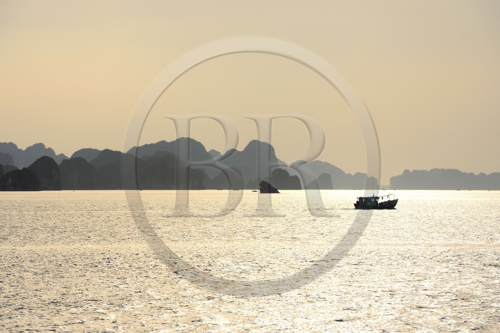 Vietnam, province de Quang Ninh, la Baie d'Halong classée Patrimoine Mondial de l'UNESCO, bateau de pêche entre les iles karstiques