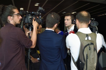 France, Bas-Rhin (67), Strasbourg, quartier européen, le Parlement européen, interview du nouveau eurodéputé RN Jordan Bardella lors de la session plénière inaugurale du nouveau Parlement européen le 2 juillet 2019