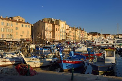 France, Var (83), Saint-Tropez, pointus (barques de pêche traditionnelles) dans le vieux port