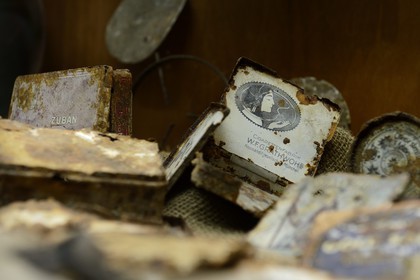 France, Meuse (55), Romagne-sous-Montfaucon, le musée informel appelé Romagne ‘14-’18 sur la vie quotidienne du soldat de la Grande Guerre créé par Jean-Paul de Vries, boite à cigarettes