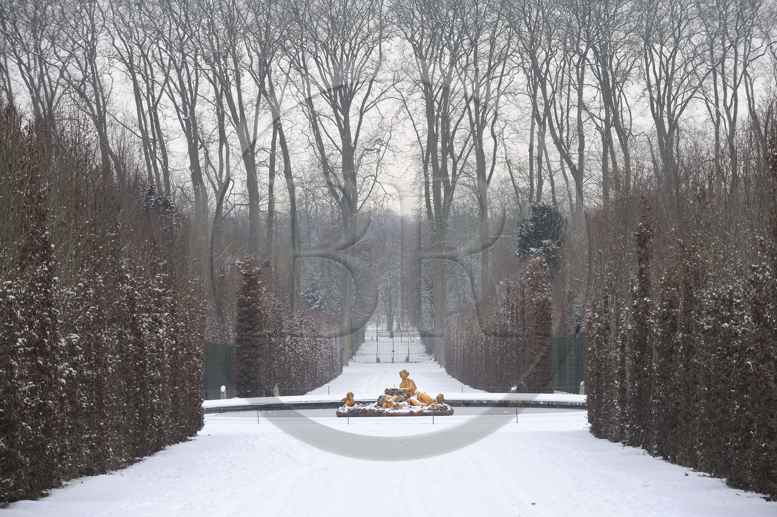 France, Yvelines (78), parc du château de Versailles sous la neige, classé Patrimoine Mondial de l'UNESCO, bassin de Cérès aussi appellé du Printemps oeuvre de Tuby en hiver