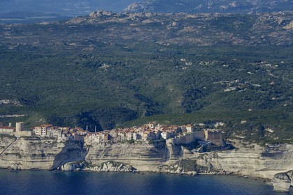 France, Corse-du-Sud (2A), Bonifacio, les falaises calcaires, la citadelle et la vieille ville (vue aérienne)