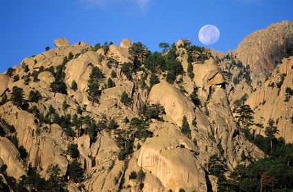 France, Corse-du-Sud (2A), Alta Rocca, les aiguilles de Bavella et pleine lune
