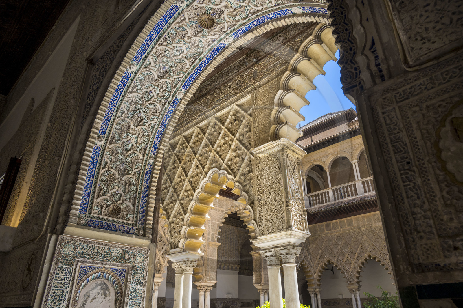 Espagne, Andalousie, Séville, Alcazar de Séville (Reales Alcazares de Sevilla), classé Patrimoine Mondial de l'UNESCO, Mudejar Palace or Palace of Pedro I, la Cour des Demoiselles (Patio de las Doncellas)