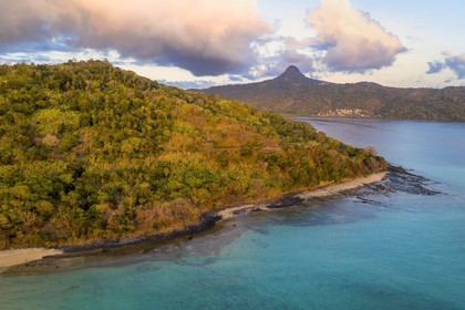 France, Ile de Mayotte, Grande-Terre, Kani-Keli, le Jardin Maoré et la plage de N’Gouja, le Mont Choungui en arrière plan (vue aérienne)