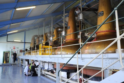 Royaume-Uni, Ecosse, Hébrides intérieures, Ile de Islay, Port Ellen, distillerie de whisky Laphroaig, distillation du wash dans des alambics en cuivre Pot-stills