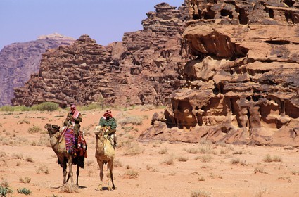 Jordanie, le Wadi Rum, patrouille du ìCamel Corp ou police du désert sur leurs dromadaires