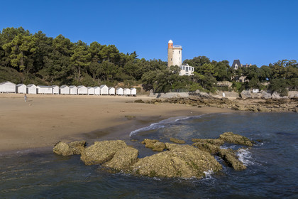 France, Vendée (85), Ile de Noirmoutier, Noirmoutier-en-l'Ile, le Bois de la Chaise, la plage de l'Anse Rouge et ses cabines de plage en bois, dominée par la Tour Plantier (vue aérienne)