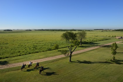 Argentine, province de Buenos Aires, San Antonio de Areco, estancia La Bamba de Areco, gauchos à cheval sur l'estancia en bordure de la pampa