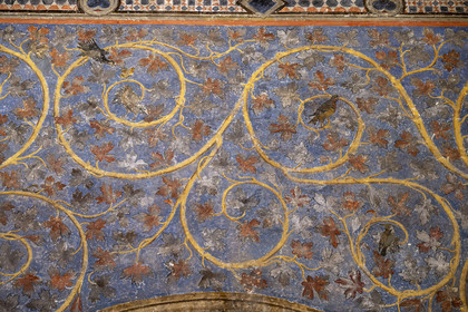 France, Vaucluse (84), Avignon, Palais des Papes classé Patrimoine mondial de l'UNESCO, la tour des Anges ou tour du pape, chambre du Pape, un espace végétal à deux dimensions fait de rinceaux de vigne et de chêne, parsemés d’oiseaux et d’écureuils, orne les murs sur un fond bleu ciel