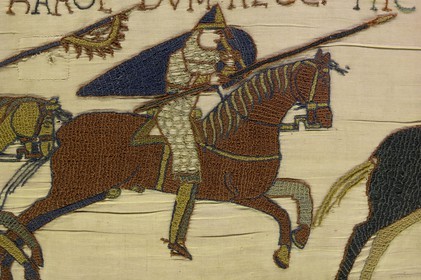France, Calvados (14), Bayeux, musée de la tapisserie, tapisserie de Bayeux, la tapisserie dite de la Reine Mathilde classée Mémoire du monde par l'UNESCO qui raconte l'invasion de l'angleterre par Guillaume Le Conquérant