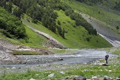 Géorgie, Kakheti, Parc national de Touchétie, vallée de la rivière Alazani dans les montagnes de Pirikiti, randonneur croisant un troupeau de moutons