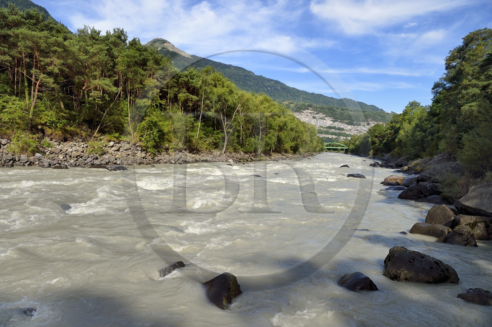 Suisse, Canton de Vaud, Lavey-Morcles, le fleuve Rhône encore tumultueux quelques kilomètres en amont du Lac Léman