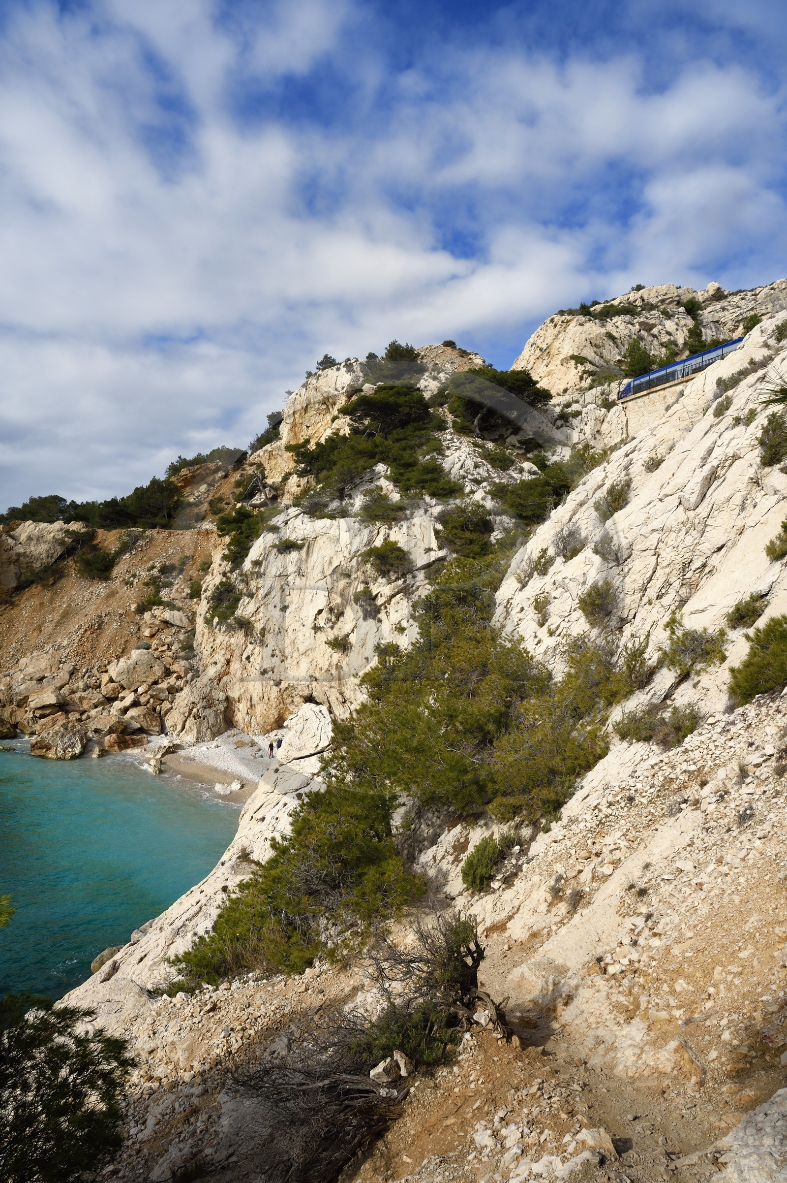 France, Bouches-du-Rhône (13), Ensuès-la-Redonne vers Marseille, la Cote Bleue, randonnée de Niolon au Cap Méjean le long du Sentier des Douaniers, passage d'un TER au dessus de la petite plage de la calanque de l'Erevine
