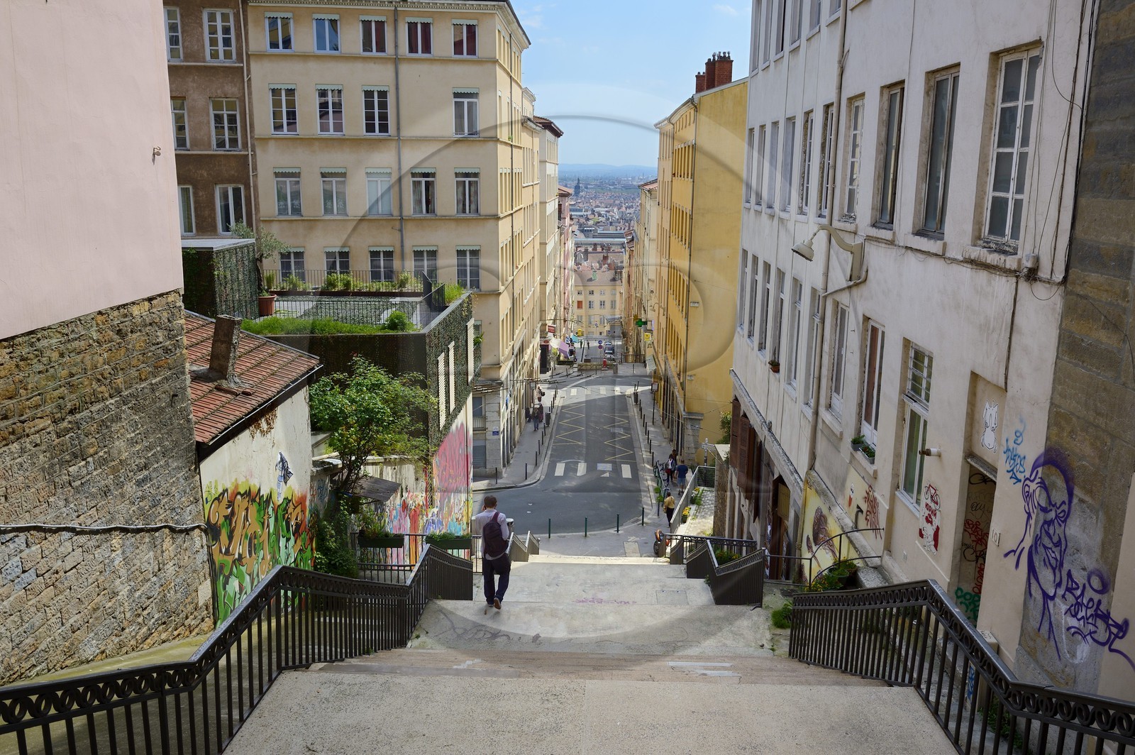 France, Rhône (69), Lyon, site historique classé Patrimoine Mondial de l'UNESCO, quartier de la Croix-Rousse, escalier de la rue Pouteau
