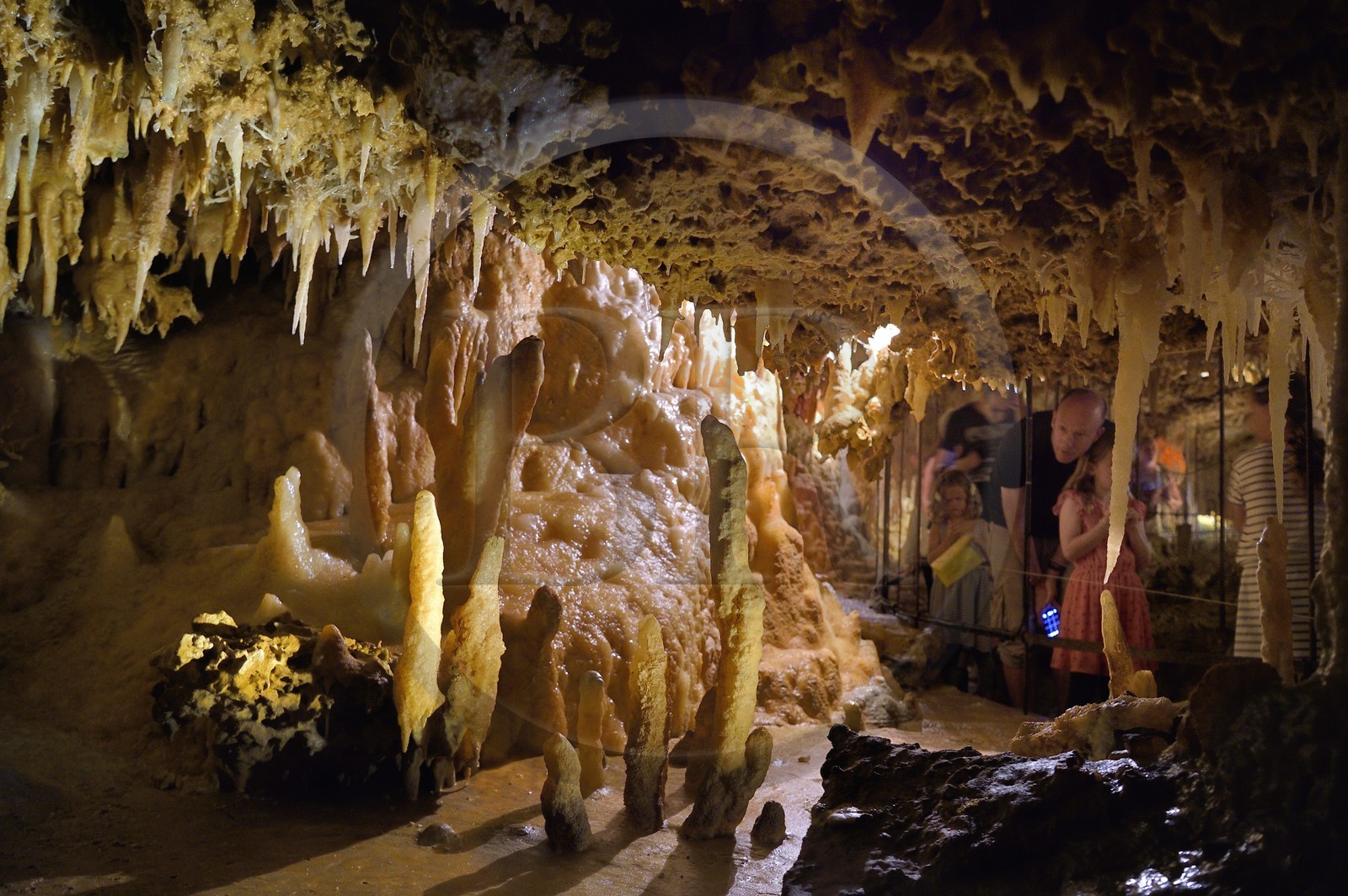 France, Dordogne (24), Périgord Noir, Les Eyzies-de-Tayac, site classé Patrimoine Mondial de l'UNESCO, enchevetrement de cristallisations dans la grotte du Grand-Roc