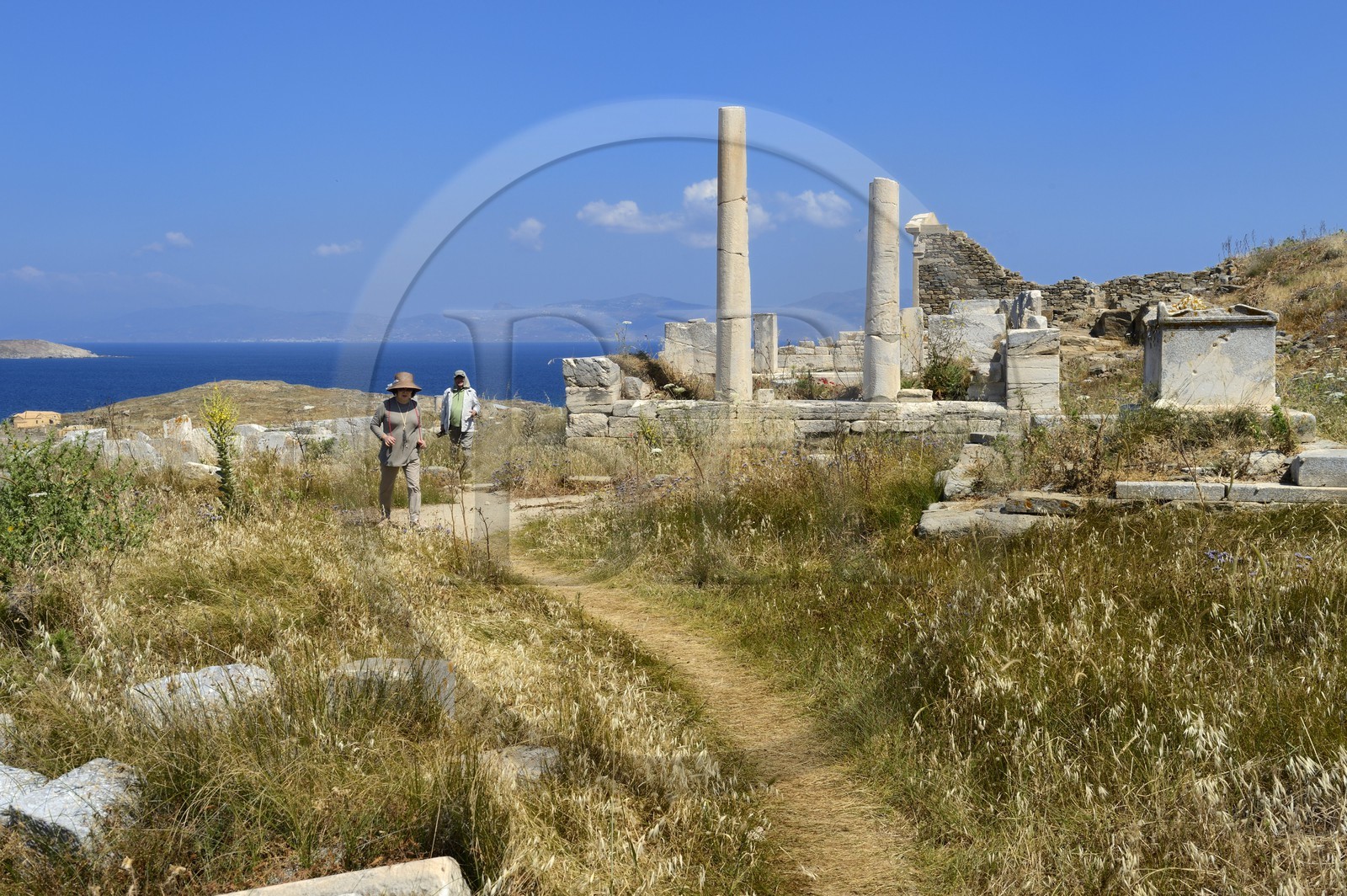 Grèce, île de Delos, classée Patrimoine Mondial de l'UNESCO, site archéologique de Délos, sanctuaire d'Apollon, la plus grande cité antique de la mer Egée, terrasse des dieux étrangers