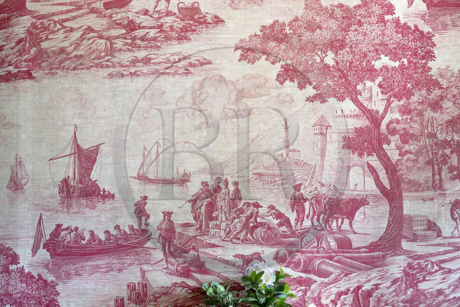 France, Ille-et-Vilaine (35), Côte d'Emeraude, Saint-Malo, malouinière de la Chipaudière construit l'armateur et corsaire François-Auguste Magon de la Lande au début du XVIIIème siècle, tentures en toile de Jouy rouge et crème d'origine dans un des salons