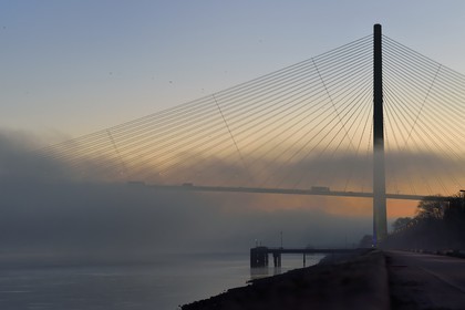 France, entre Calvados (14) et Seine-Maritime (76), le Pont de Normandie dans les brumes de l'aube, il enjambe la Seine pour relier les villes de Honfleur et du Havre