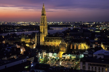 Belgium, Flanders, Antwerp (Antwerpen), Notre Dame cathedral and the city centre on the Schelde (also Scheldt or Escaut) river