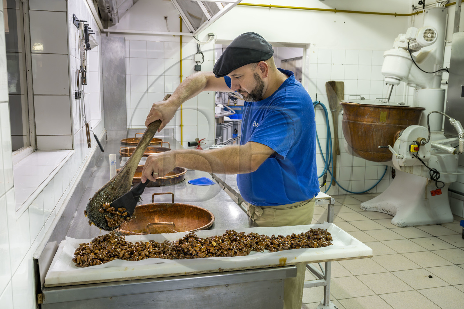 France, Vaucluse (84), Saint Didier, dans l'atelier de fabrication des Nougats Silvain, paysans nougatiers, Charles-Henri Bagnol confectionne une plaque de nougat noir avec les amandons grillés et le miel